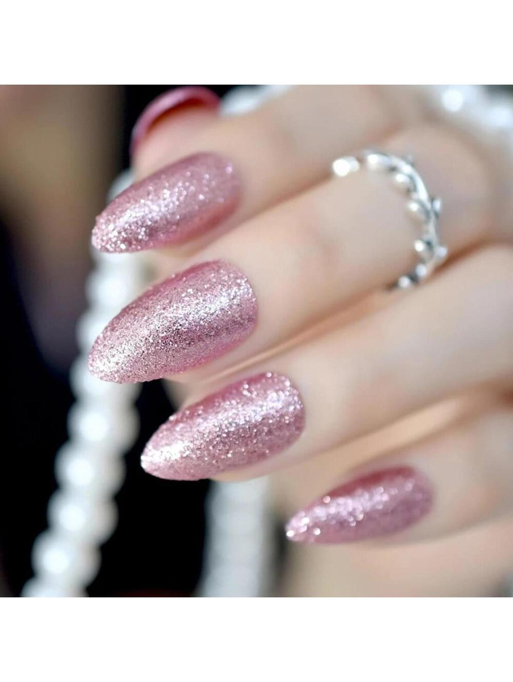24 Pink Rose gold Glitter Long press on nails glue on manicure medium